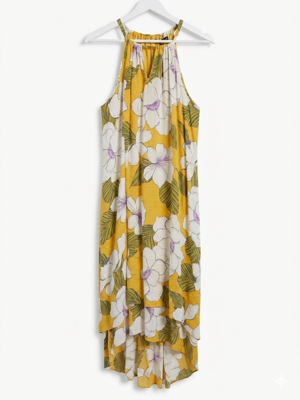Mlle Gabrielle Boho Floral Halter Dress High-Low Hem Mustard Yellow 3X Vaca Vibe